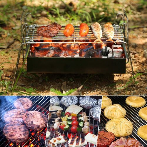  IMAGE Charcoal Grill Camp Grill Mini Grill Folding Campfire Grill Portable Grill Lightweight Steel Mesh Barbecue Grill Camping Grill for Outdoor Camping Cooking Hiking Tailgating Backpac