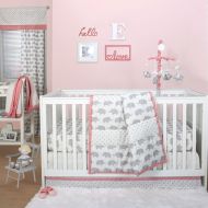 The Peanut Shell Grey Elephant and Triangle Dot 4 Piece Baby Crib Bedding Set with Coral Pink