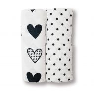 Lulujo Baby Set of 2 Cotton Muslin Swaddle Blankets, Black/White Dots & Hearts, 40 x 40-Inch