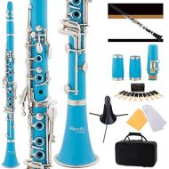 Mendini by Cecilio B Flat Beginner Clarinet with 2 Barrels, Case, Stand, Book, 10 Reeds, and Mouthpiece - Bb Student Clarinet Set, Wind & Woodwind Musical Instruments, Sky Blue Clarinet