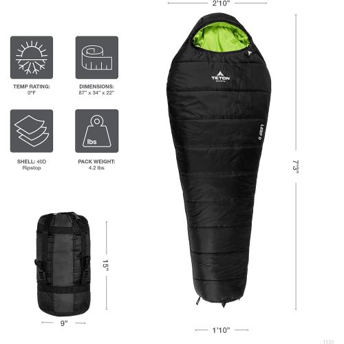 TETON Sports LEEF Lightweight Adult Mummy Sleeping Bag; Great for Hiking, Backpacking and Camping; Free Compression Sack; Black , Adult - 87 x 34 x 22