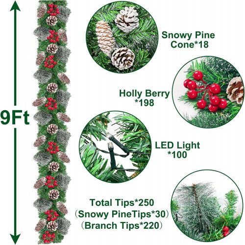  AMENON 9 Ft 100LED Prelit Artificial Christmas Garland Lights Timer 8 Modes Battery Operated Snowy Bristle Pinecone Berry Xmas Garland Christmas Decoration Mantle Fireplace Indoor