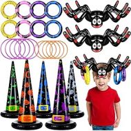 Gejoy Halloween Ring Toss Game Set, Include 7 Pieces Halloween Inflatable Spiders Witch Hat, 10 Plastic Rings, 8 Inflatable Rings Halloween Party Supplies Family Halloween Party Games In