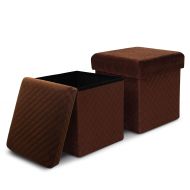 ENSTVER Velvet Storage Ottoman with Tray,Coffee Table Folding Foot Rest Stool/Seat Cube (Set of 2 Espresso)