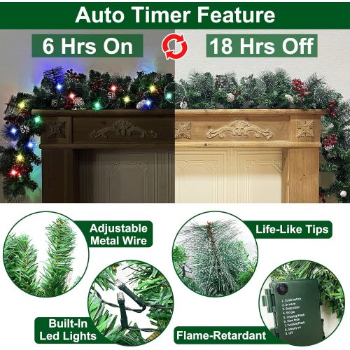  AMENON 9 Ft 100LED Prelit Artificial Christmas Garland Lights Timer 8 Modes Battery Operated Snowy Bristle Pinecone Berry Xmas Garland Christmas Decoration Mantle Fireplace Indoor Outdoor