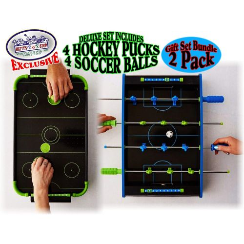  M?ttys Toy Stop Mattys Toy Stop Deluxe Wooden Mini Tabletop NEON Air Hockey (Extra Pucks) & NEON Foosball (Soccer) (Extra Balls) Games Gift Set Bundle - 2 Pack