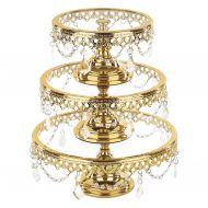 Amalfi Decor Gold Plated Glass Top Cake Stand Set of 3, Round Gloss Shiny Metal Dessert Cupcake Wedding Party Pedestal Display with Crystals
