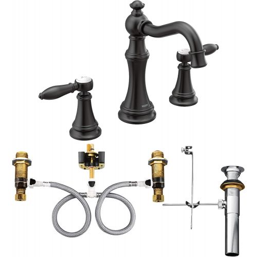  Moen TS42108BL-9000 Weymouth Two-Handle Widespread Bathroom Faucet with Lever Handles and Valve, Matte Black