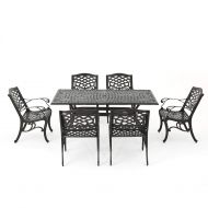 Christopher Knight Home 296592 Odena Outdoor Cast Aluminum Dining Set - 7 Piece Rectangular Table and Patio Chairs Garden Furniture Set