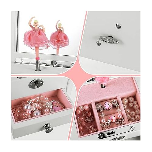  Small Ballerina Musical Jewelry Box with Mirror for Girls，White Kid's Jewelry Storage Music Box,Children's Jewelry organizer Music Jewelry Chest