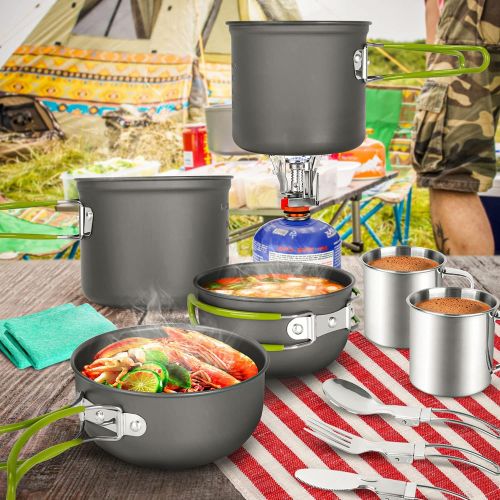  Odoland 16pcs Camping Cookware Mess Kit, Lightweight Pot Pan Mini Stove with 2 Cups, Fork Spoon Kits for Backpacking, Outdoor Camping Hiking and Picnic