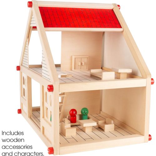  Dollhouse for Kids ? Classic Pretend Play 2 Story Wood Playset with Furniture Accessories and Dolls for Toddlers, Boys and Girls by Hey! Play!,Brown