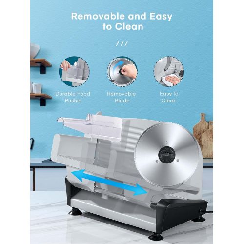  AC Meat Slicer For Home Use - Electric Deli & Food Slicer with Removable 7.5’’ Stainless Steel Blade and 0-15mm Adjustable Thickness for Cheese, Bread, Include Food Pusher & Non-Sl