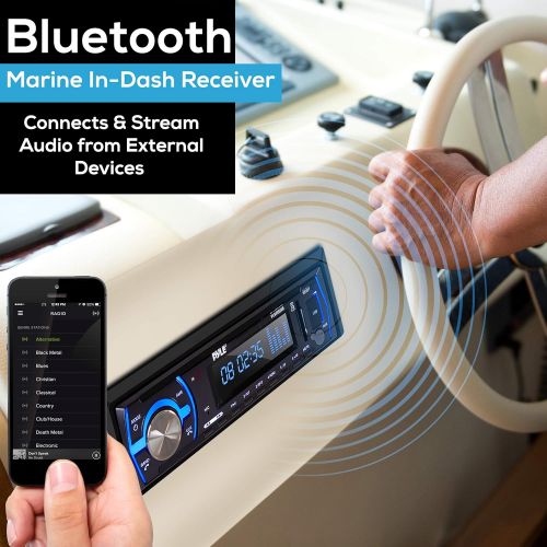  Pyle Marine Bluetooth Stereo Radio - 12v Single DIN Style Boat In dash Radio Receiver System with Built-in Mic, Digital LCD, RCA, MP3, USB, SD, AM FM Radio - Remote Control - PLMRB