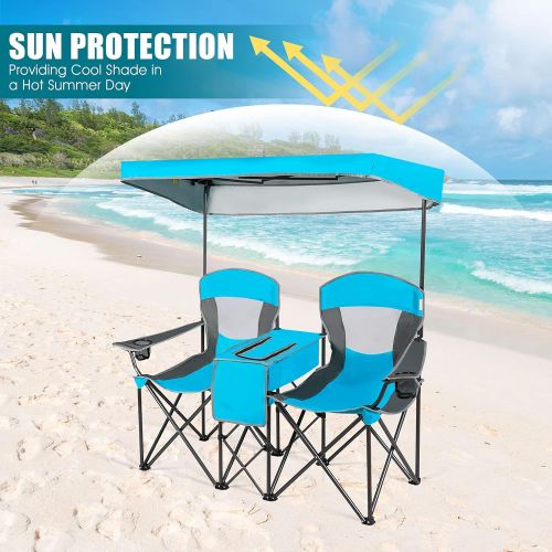  GYMAX Folding Canopy Camp Chair, Sports Chair with Adjustable UV Protection Shade, Cup Holder & Carry Bag, Portable Beach Camping Chair for Picnic, Fishing, Hiking (Blue, 2-Person)