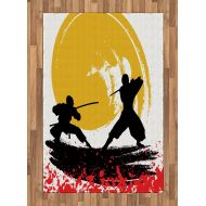 Ambesonne Japanese Area Rug, Watercolor Style Silhouette?Ninjas in The Moonlight Medieval, Flat Woven Accent Rug for Living Room Bedroom Dining Room, 4 X 5 7, Vermilion Mustard and