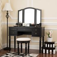 Fineboard Dressing Set with Stool Beauty Station Makeup Table Three Mirror Vanity Set, 5 Organization Drawers, Black