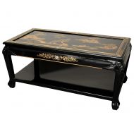 ORIENTAL FURNITURE Black Landscape Lacquer Coffee Table with Shelf