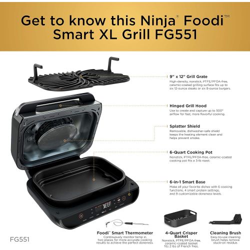 닌자 Ninja FG551 Foodi Smart XL 6-in-1 Indoor Grill with Air Fry, Roast, Bake, Broil & Dehydrate, Smart Thermometer, Black/Silver
