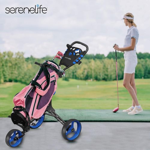  [아마존베스트]SereneLife 3 Wheel Golf Push Cart - Lightweight Folding Golf Walking Push Cart Roller Golf Bag Holder w/ Upper/Lower Bracket w/ Elastic Strap, Scorecard, Cup, & Bag Storage Holder - SereneLif