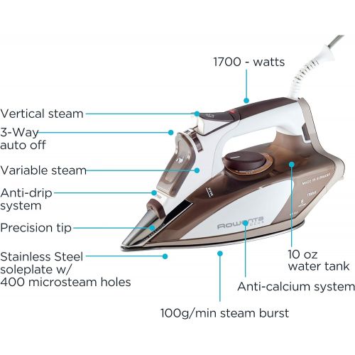  Rowenta DW5080 1700-Watt Micro Steam Iron Stainless Steel Soleplate with Auto-Off, 400-Hole, Brown
