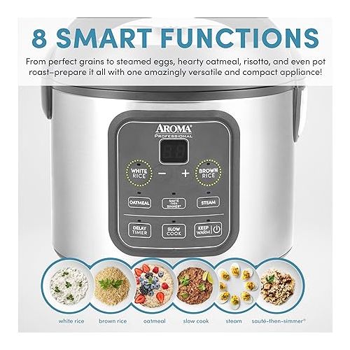  AROMA Professional Digital Rice Cooker, Multicooker, 4-Cup (Uncooked) / 8-Cup (Cooked), Steamer, Slow Cooker, Grain Cooker, 2Qt, Stainless Steel Exterior, ARC-994SG