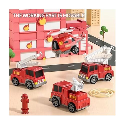  TEMI Fire Toys for 3 4 5 6 Years Old Boys Girls - 5 in 1 Carrier Truck Transport for Toddlers 1-3, Friction Power Vehicles for Kids 3-5, Christmas Birthday Gifts - Age 3-9