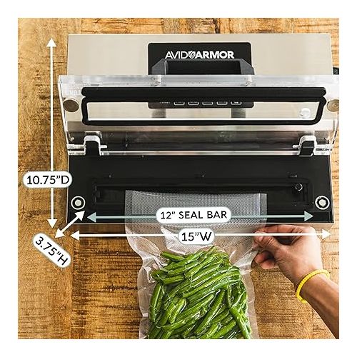  Avid Armor Vacuum Sealer Machine - A100 Stainless Construction, Clear Lid, Commercial Double Piston Pump Heavy Duty 12 Wide Seal Bar Built in Cooling Fan Includes 30 Pre-cut Bags and Accessory Hose
