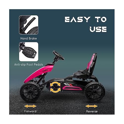  Aosom Kids Pedal Go Kart, Outdoor Ride on Toys with Swing Axle, Adjustable Seat, Handbrake, 4 Shock-Absorbing Wheels, Gift for Boys and Girls Aged 3-8 Years Old, Pink