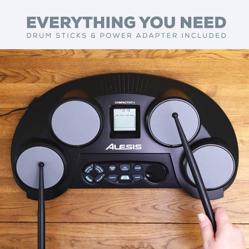  Alesis Compact Kit 4 | Portable 4-Pad Tabletop Electronic Drum Kit with Velocity-Sensitive Drum Pads, 70 Drum Sounds, Coaching Feature, Game Functions, Battery- or AC-Power and Dru