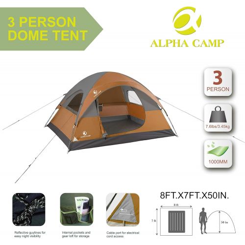  ALPHA CAMP 3 Person Camping Dome Tent with Carry Bag, Lightweight Waterproof Portable Backpacking Tent for Outdoor Camping/Hiking - 7 x 8
