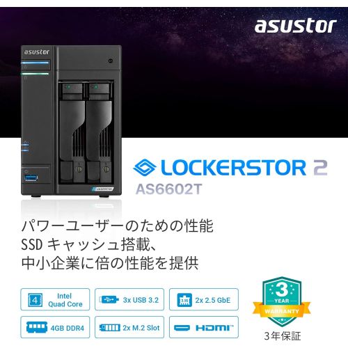  [아마존베스트]Asustor Lockerstor 2 | AS6602T | Network Attached Storage | 2.0GHz Quad-Core, Two 2.5GbE Port, Two M.2 Slot for NVMe SSD Cache, Three 3.2USB Port, 4GB RAM DDR4, HDMI2.0a Output (2