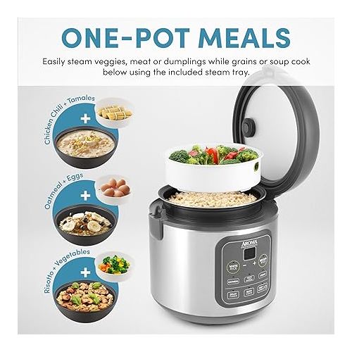  AROMA Professional Digital Rice Cooker, Multicooker, 4-Cup (Uncooked) / 8-Cup (Cooked), Steamer, Slow Cooker, Grain Cooker, 2Qt, Stainless Steel Exterior, ARC-994SG