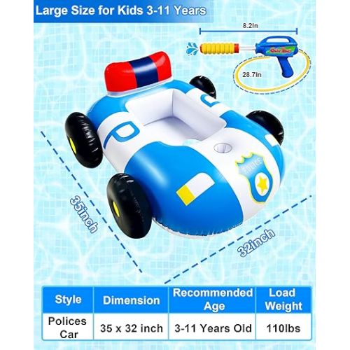 [Water Squirt Guns] Polices Car Pool Float for Kids 3-11 Years, Fun Blow Up Swimming Pool Toys Inflatable Car Ride-ons Floaties for Boys Girls Summer Outdoor Beach Water Pool Toys Games Party