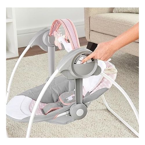 인제뉴어티 Ingenuity Comfort 2 Go Compact Portable 6-Speed Cushioned Baby Swing with Music, Folds Easy, 0-9 Months 6-20 lbs (Pink Flora the Unicorn)