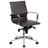 Flash Furniture Mid-Back Brown Ribbed Leather Swivel Conference Chair with Knee-Tilt Control and Arms