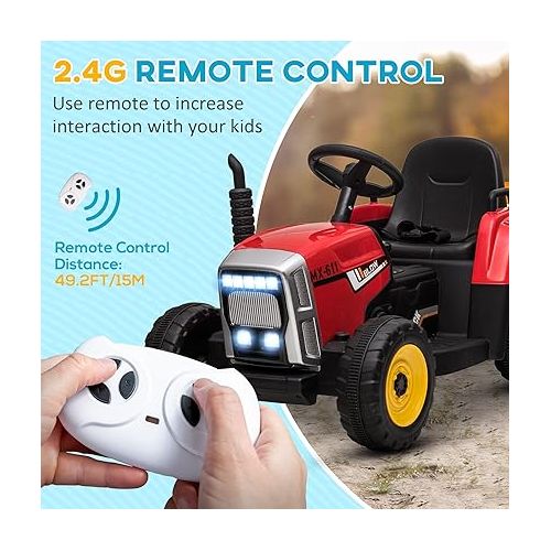  Aosom 12V Ride on Tractor with Trailer, 25W Dual Motors, Battery Powered Electric Tractor with Remote Control, Music Startup Sound and Horn, LED Lights, Red