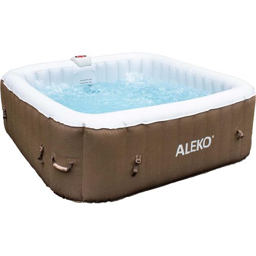  ALEKO 250 Gallon Water Capacity 6 Person Square Inflatable High Powered Bubble Jetted Hot Tub Spa with Fitted Cover and 3 Filter Cartridges, Brown and White, HTISQ6BRWH