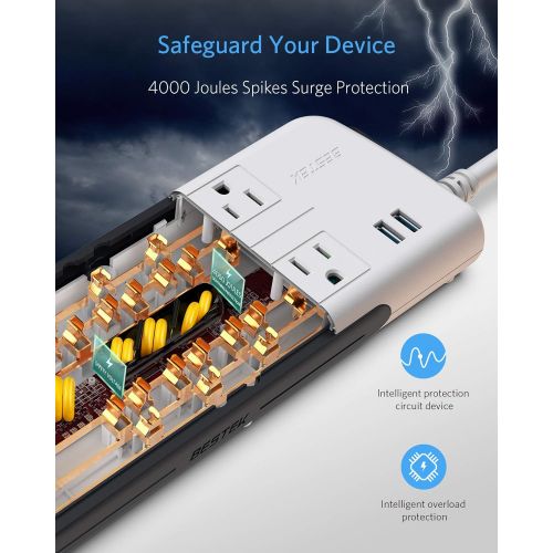  High Joule Power Surge Protector BESTEK, 4000 Joule 10-Outlet Power Strip 2 Smart USB Charging Ports, 6ft Heavy Duty Extension Cord