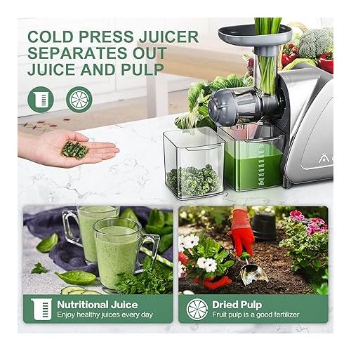  Cold Press Juicer, Aobosi Slow Masticating Juicer Machines with Reverse Function, Quiet Motor, High Juice Yield with Juice Jug & Brush for Cleaning, Gray