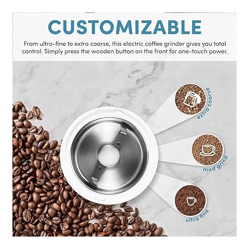  Aroma Housewares Mini Coffee Grinder and Electric Herb Grinder with 304 Stainless Steel Grinding Blades and a See-through Lid (40 g.), White, 40g