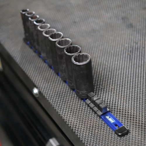  ABN Blue Aluminum SAE Standard 1/2in Drive Socket Holder ? Socket Rail and Clips Tool Organizer