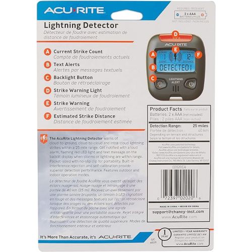  AcuRite 02020 Portable Lightning Detector Black, 2½L x 1W x 2¾H