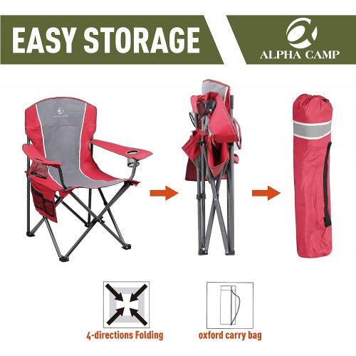  ALPHA CAMP Oversized Camping Folding Chair Heavy Duty Steel Frame Support 350 LBS Collapsible Padded Arm Chair with Cup Holder Quad Lumbar Back Chair Portable for Outdoor/Indoor