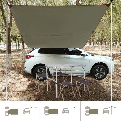  REDCAMP Waterproof Car Side Awning Sun Shelter, Portable Car Awning Camping Tarp with Adjustable Tarp Poles and Suction Cup for for SUV, Camping, Outdoor