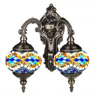 Aolun Mosaic Lamp-Handmade Turkish Mosaic Double Wall Lamp with Mosaic Lantern, Bronze Base, Unique Double Glass Mosaic Wall Light for Room Decoration (Blue,White)