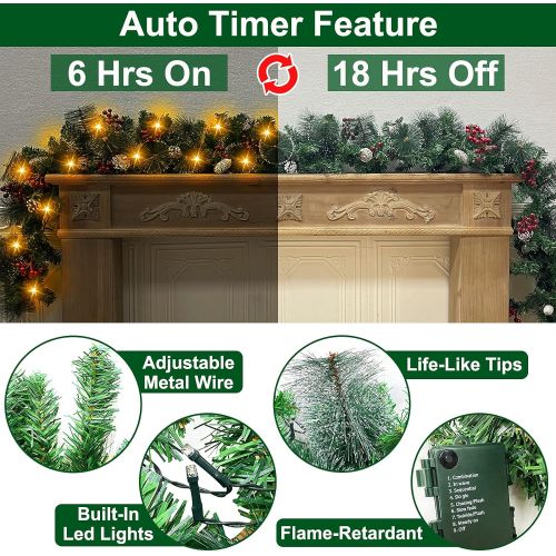  AMENON 9 Ft 100LED Prelit Artificial Christmas Garland Lights Timer 8 Modes Battery Operated Snowy Bristle Pinecone Berry Xmas Garland Christmas Decoration Mantle Fireplace Indoor