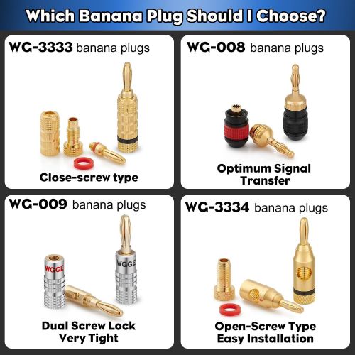  WGGE WG-009 Banana Plugs Audio Jack Connector 6 Pairs / 12 pcs, 24k Gold Dual Screw Lock Speaker Connector for Speaker Wire, Wall Plate, Home Theater, Audio/Video Receiver and Soun