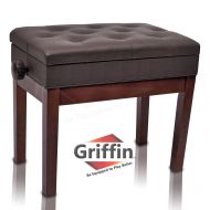 Adjustable Piano Brown Leather Bench by Griffin | Vintage Stylish Design, Heavy-Duty & Ergonomic Keyboard Stool | Comfortable Seat & Convenient Hidden Storage Space Perfect For Hom