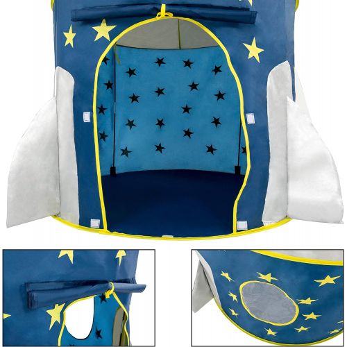  [아마존베스트]FoxPrint Rocket Ship Tent - Space Themed Pretend Play Tent - Space Play House - Spaceship Tent For Kids - Foldable Pop Up Star Play Tent Blue
